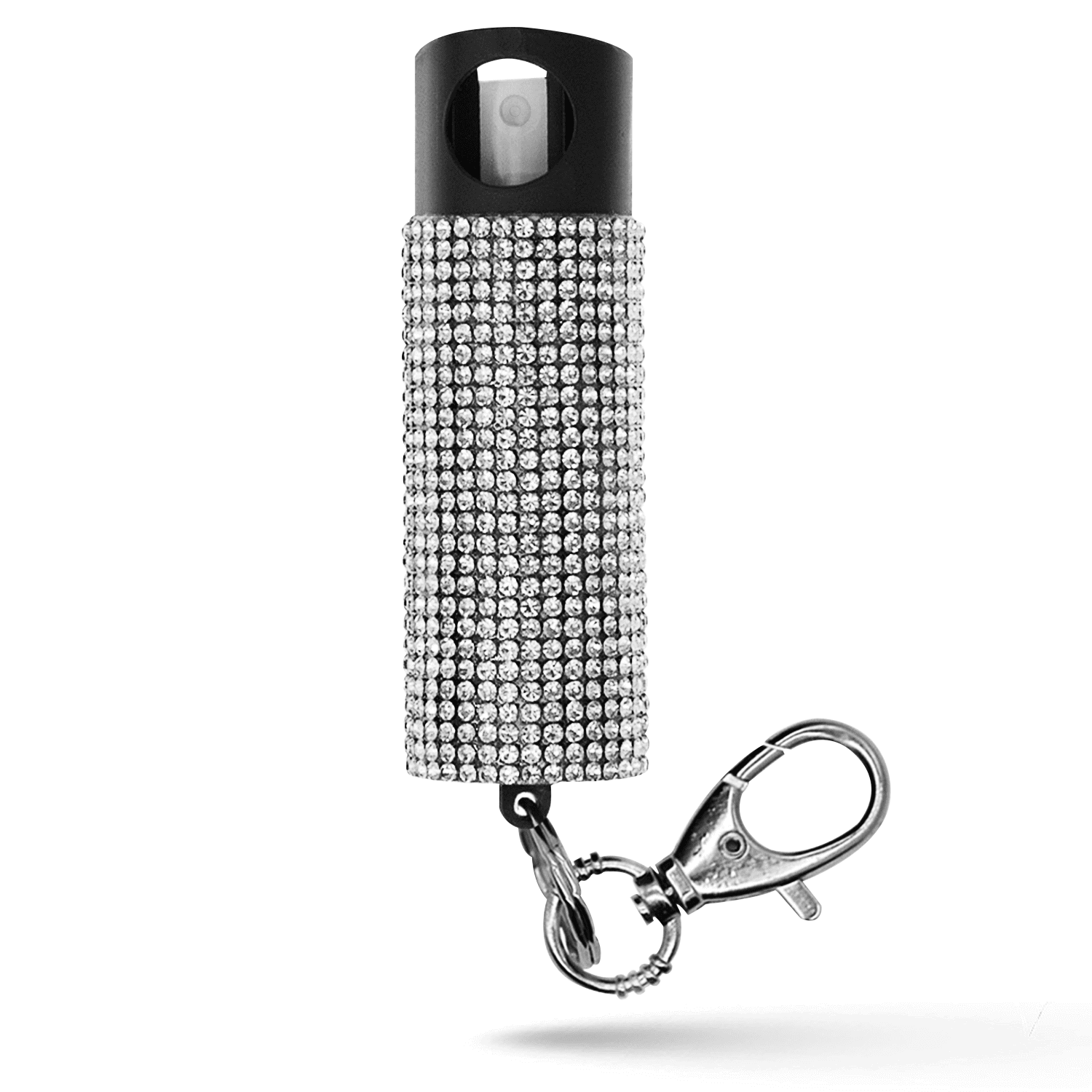 Small cylindrical container with rhinestone cover and keychain clip.