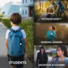 Students wearing backpacks in various outdoor situations.