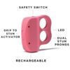 Pink rechargeable stun gun with safety switch and LED light.