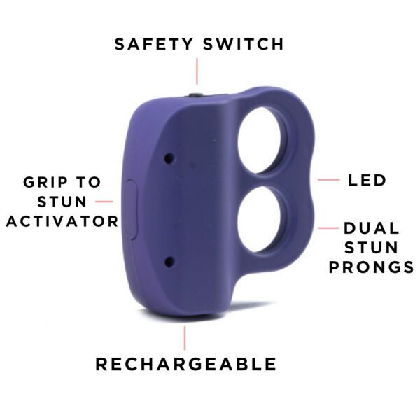 A compact rechargeable stun gun with dual prongs and LED indicator.