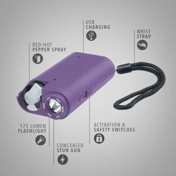 A purple stun gun with flashlight and accessories.