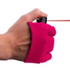 Hand holding pink grip strengthener with red resistance band.