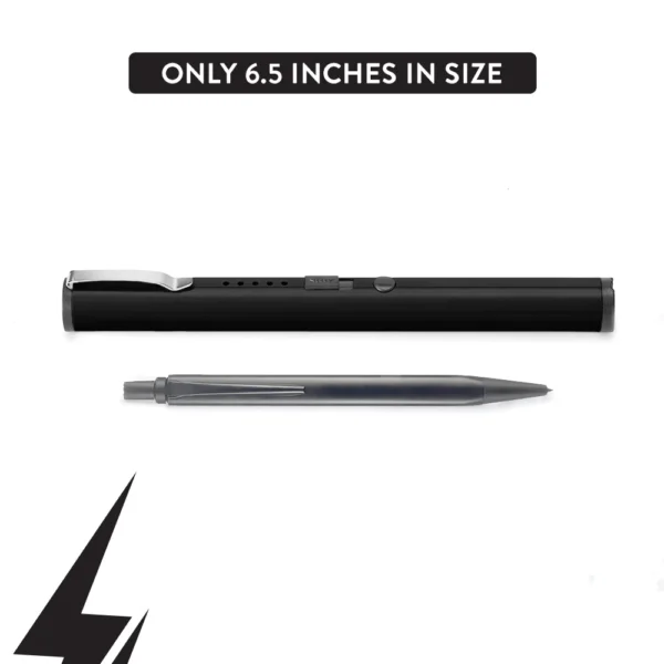 Compact pen with a sleek black case, measuring only 6.5 inches.