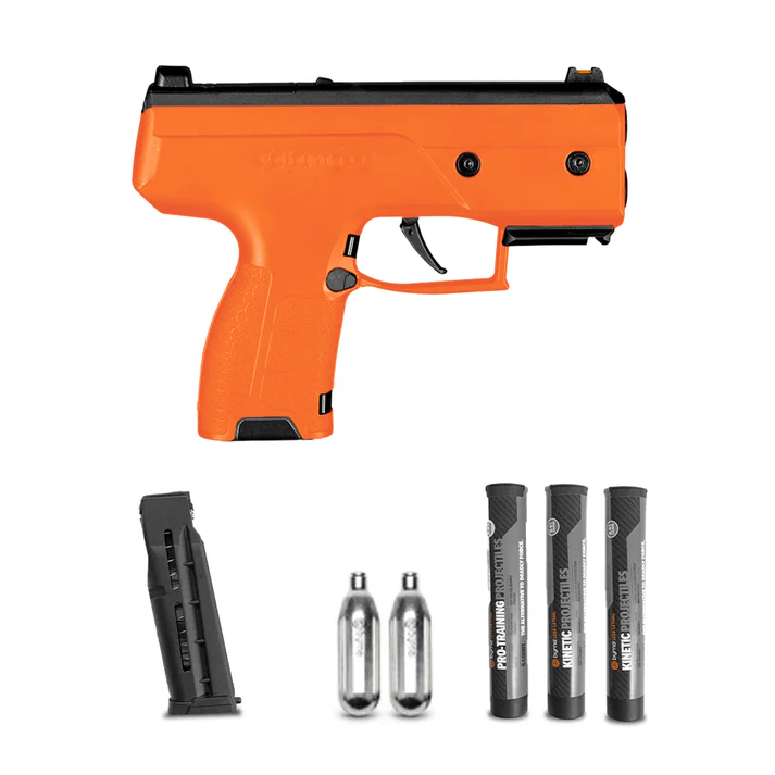 Orange handheld device with accessories including cartridges and magazine.