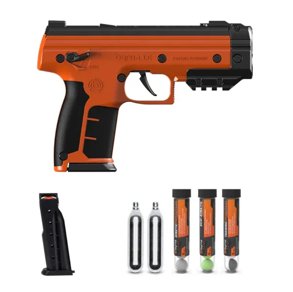 Orange and black airsoft pistol with accessories.
