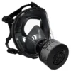 Black full-face gas mask with filter and adjustable straps.