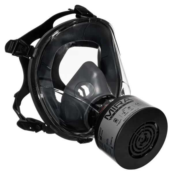 Black full-face gas mask with filter and adjustable straps.