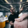 A man wearing a mask carves foam in a workshop.